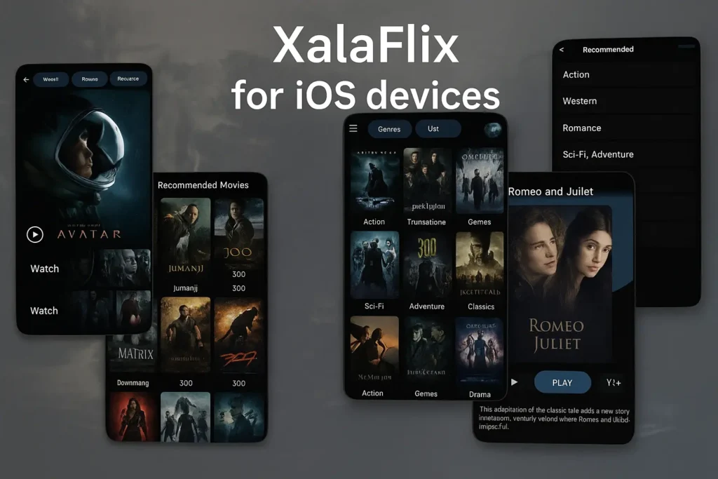 XalaFlix iOS movie streaming app interface showcasing featured films, genres, and personalized recommendations