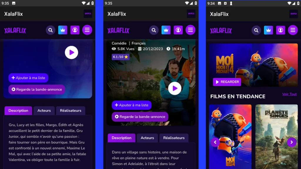 XalaFlix APK mobile interface showing menu navigation and comedy films section