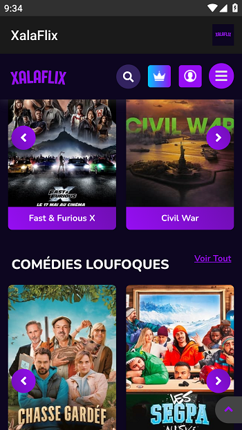 XalaFlix mobile interface showing movie carousel with Fast & Furious X, Civil War, and French comedy section