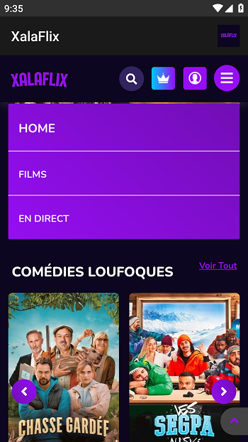 XalaFlix APK app menu with Home, Films, and Live sections plus comedy movies like Chasse Gardée and Les SEGPA