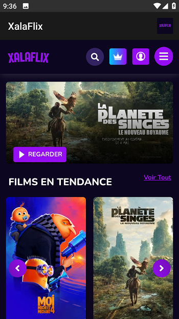 XalaFlix APK trending movies screen featuring La Planète des Singes and Moi Moche et Méchant 4 UI